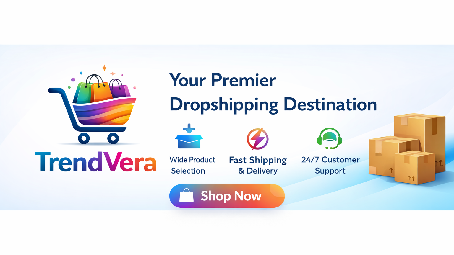 Promotional banner for TrendVera dropshipping platform with shopping cart, boxes, and icons.